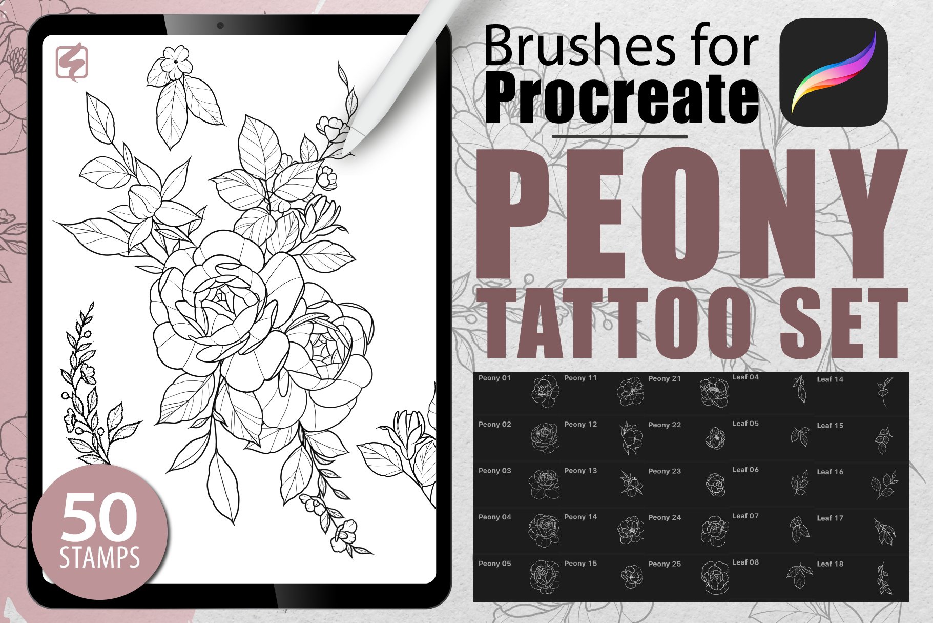 Procreate_-_Tattoo_Peony_Stencil_Set